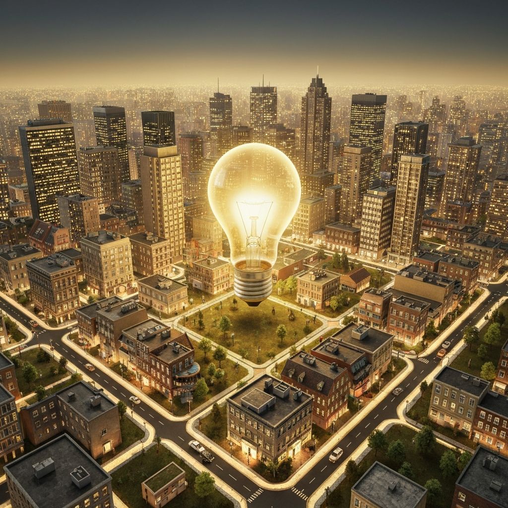 Creative collaboration cityscape with lightbulb representing innovation and teamwork